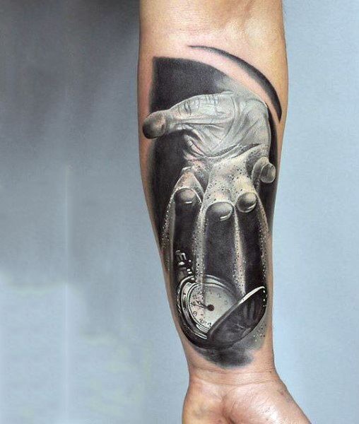 This hyper-realistic tattoo portrays a hand grasping a pocket watch, symbolizing control over one's time and destiny.