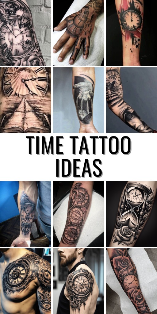 This tattoo features an elaborate clock with exposed gears and precise mechanical detailing.