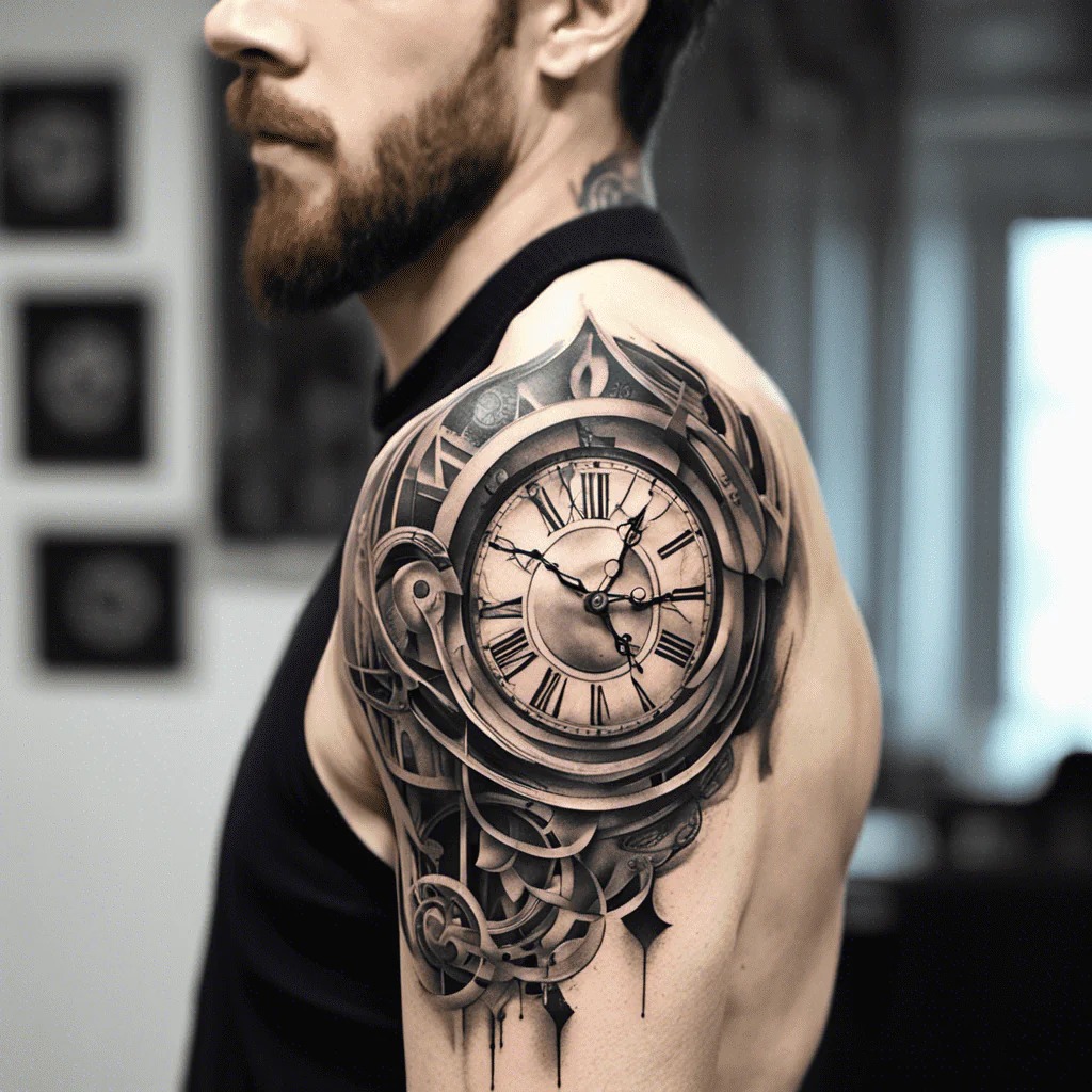 This stunning tattoo, placed on the shoulder, features a large clock surrounded by geometric and mechanical elements.