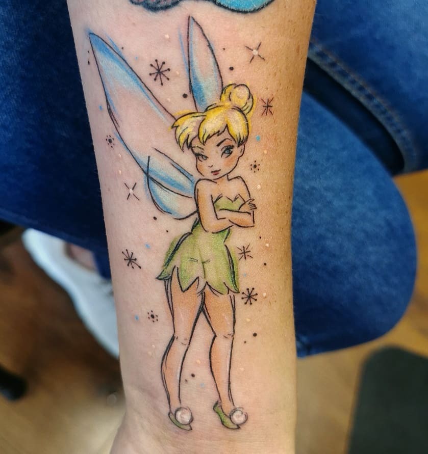 Classic Tinkerbell Tattoo with Blue Accents Tattoo Design