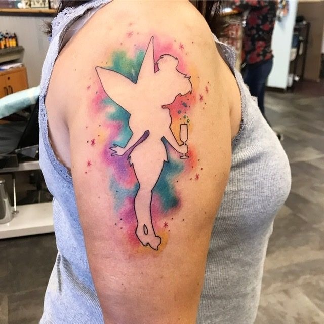 Silhouette Tinkerbell with a Splash of Color Tattoo Design