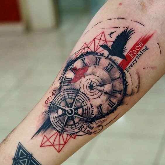 Clock Spiral with Crow and Red Diamond Tattoo Design