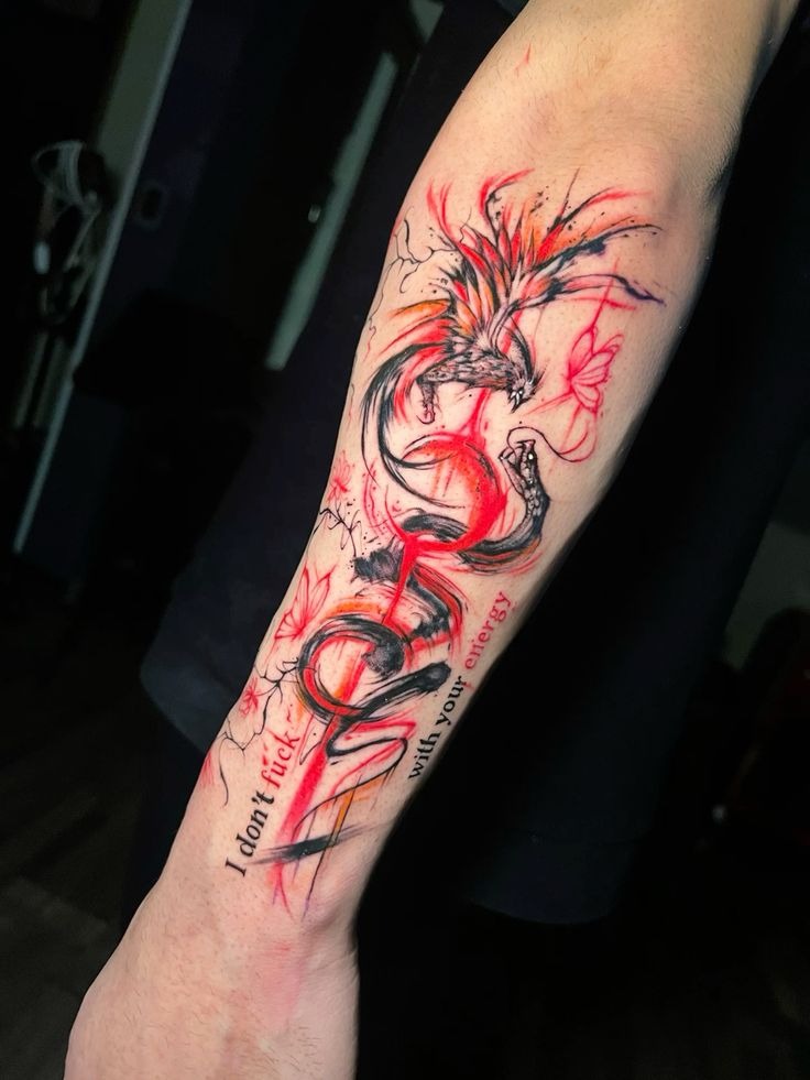 Fierce Female Portrait with Red Abstract Tattoo Design