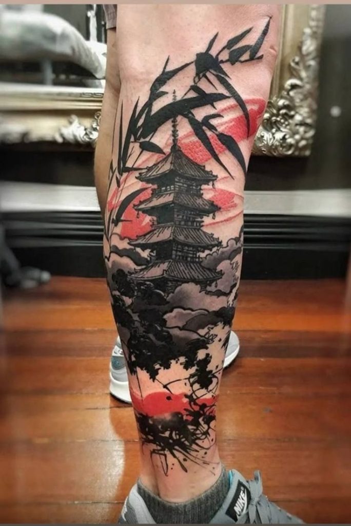 Japanese Pagoda in Brushstroke Landscape Tattoo Design