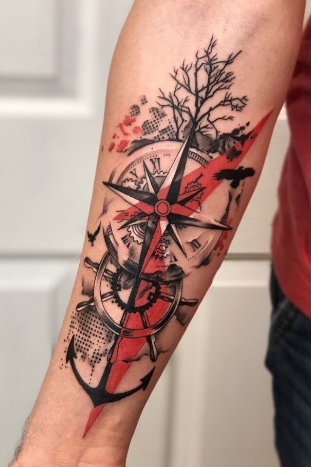 Nautical Compass with Tree and Anchor Tattoo Design