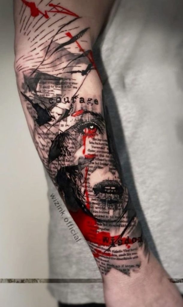 Newspaper Collage and Portrait Fusion Tattoo Design