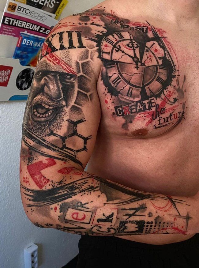Stacked Skulls and Abstract Blood Splatter Tattoo Design