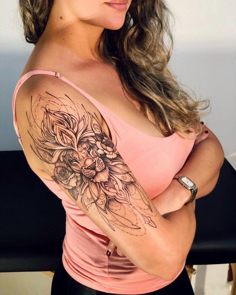 Lion and Floral Sleeve Tattoo Tattoo Design