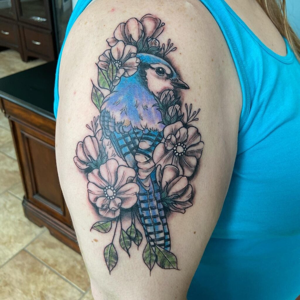 Blue Jay and Blossoms Upper Arm Tattoo Tattoo Design