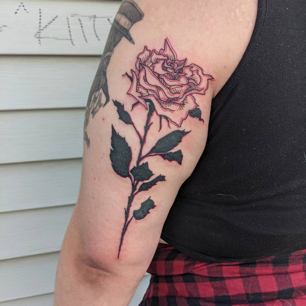 Bold Rose with Trippy Red Outline Upper Arm Tattoo Tattoo Design