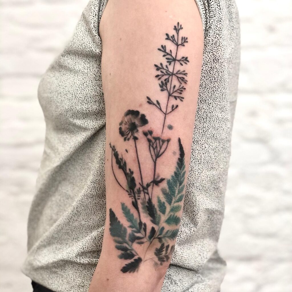 Botanical Fern and Wildflower Tattoo Tattoo Design