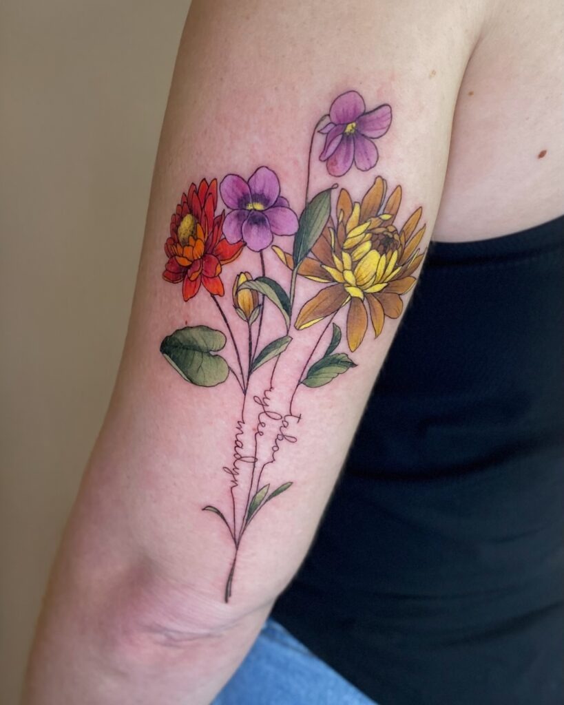 Colorful Birth Flowers Upper Arm Tattoo Tattoo Design