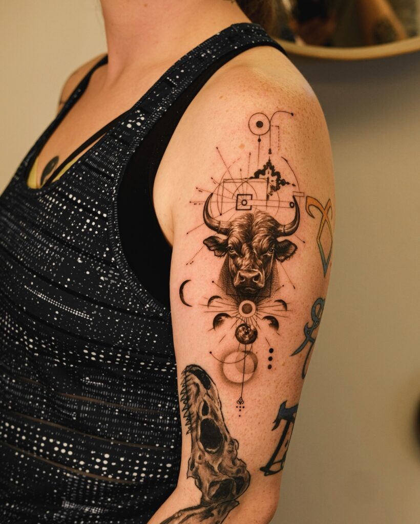 Cosmic Bull and Geometry Tattoo Tattoo Design