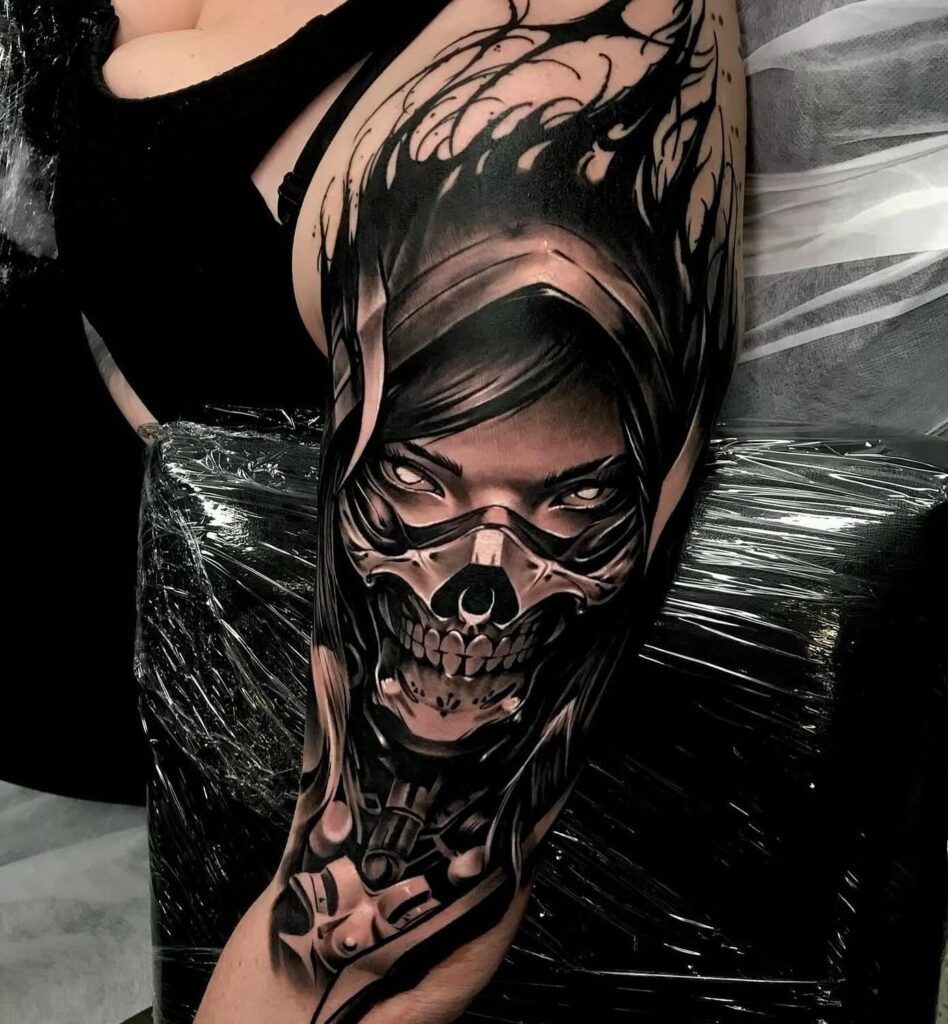 Dark Reaper Woman Upper Arm Tattoo Tattoo Design