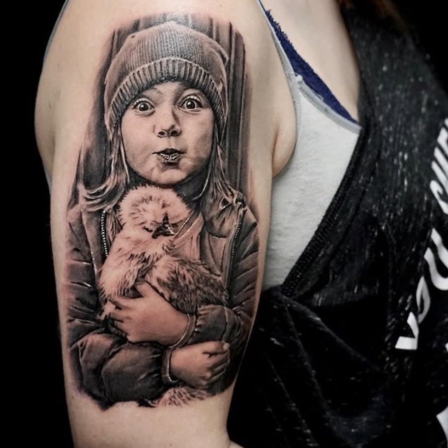 Daughter Holding Her Pet Chick Upper Arm Tattoo Tattoo Design