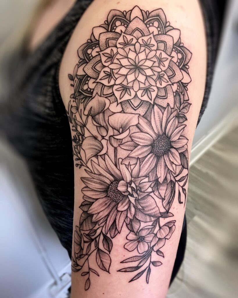 Detailed Mandala and Sunflower Upper Arm Tattoo Tattoo Design