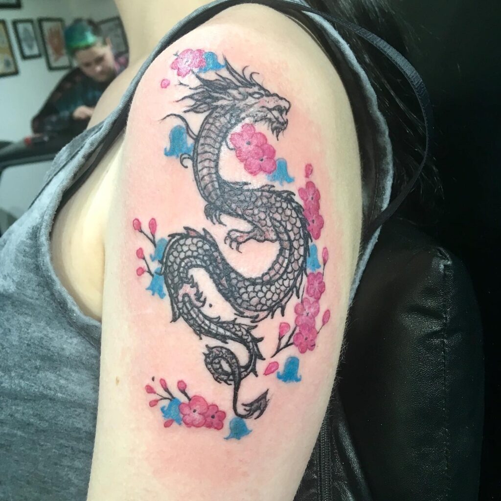 Elegant Dragon and Cherry Blossom Upper Arm Tattoo Tattoo Design