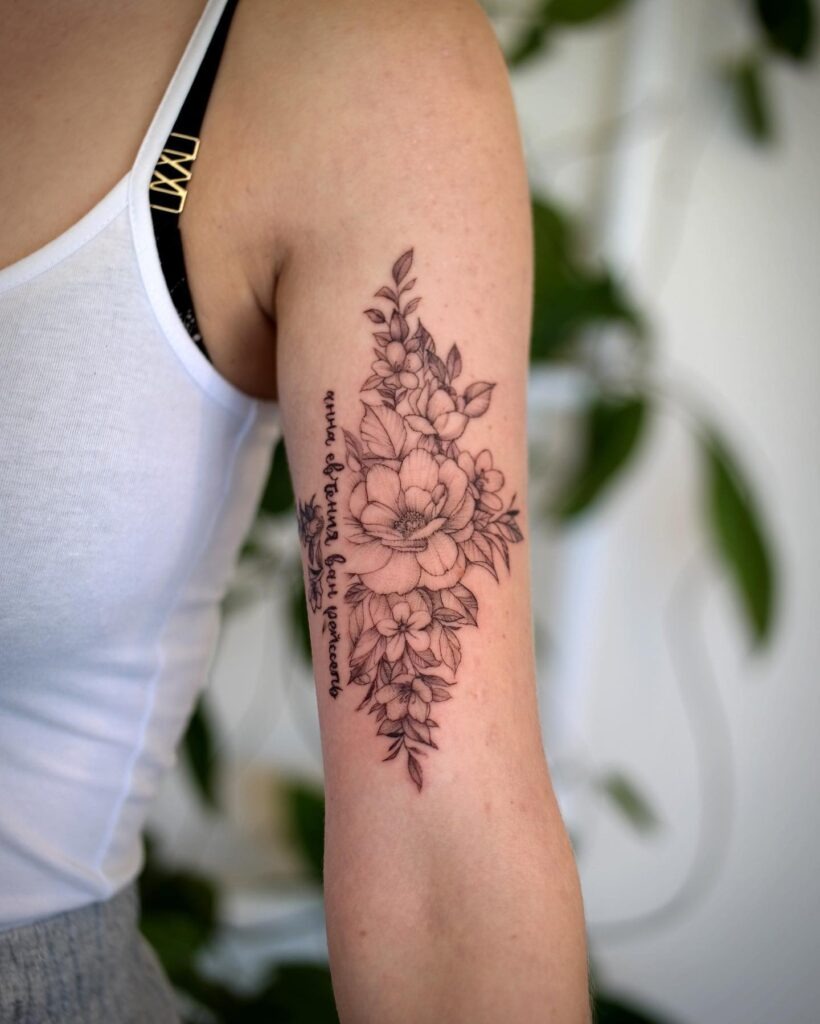 Elegant Floral Cluster with Script Upper Arm Tattoo Tattoo Design