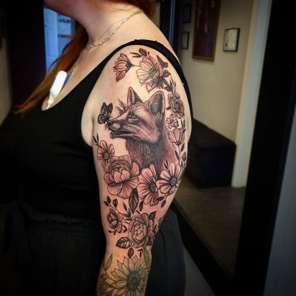 Fox Among Blossoms Upper Arm Tattoo Tattoo Design