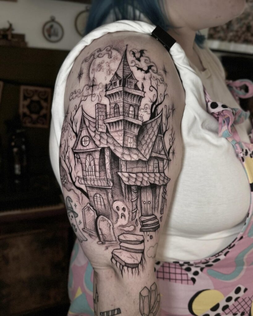 Haunted House and Ghostly Graveyard Tattoo Tattoo Design