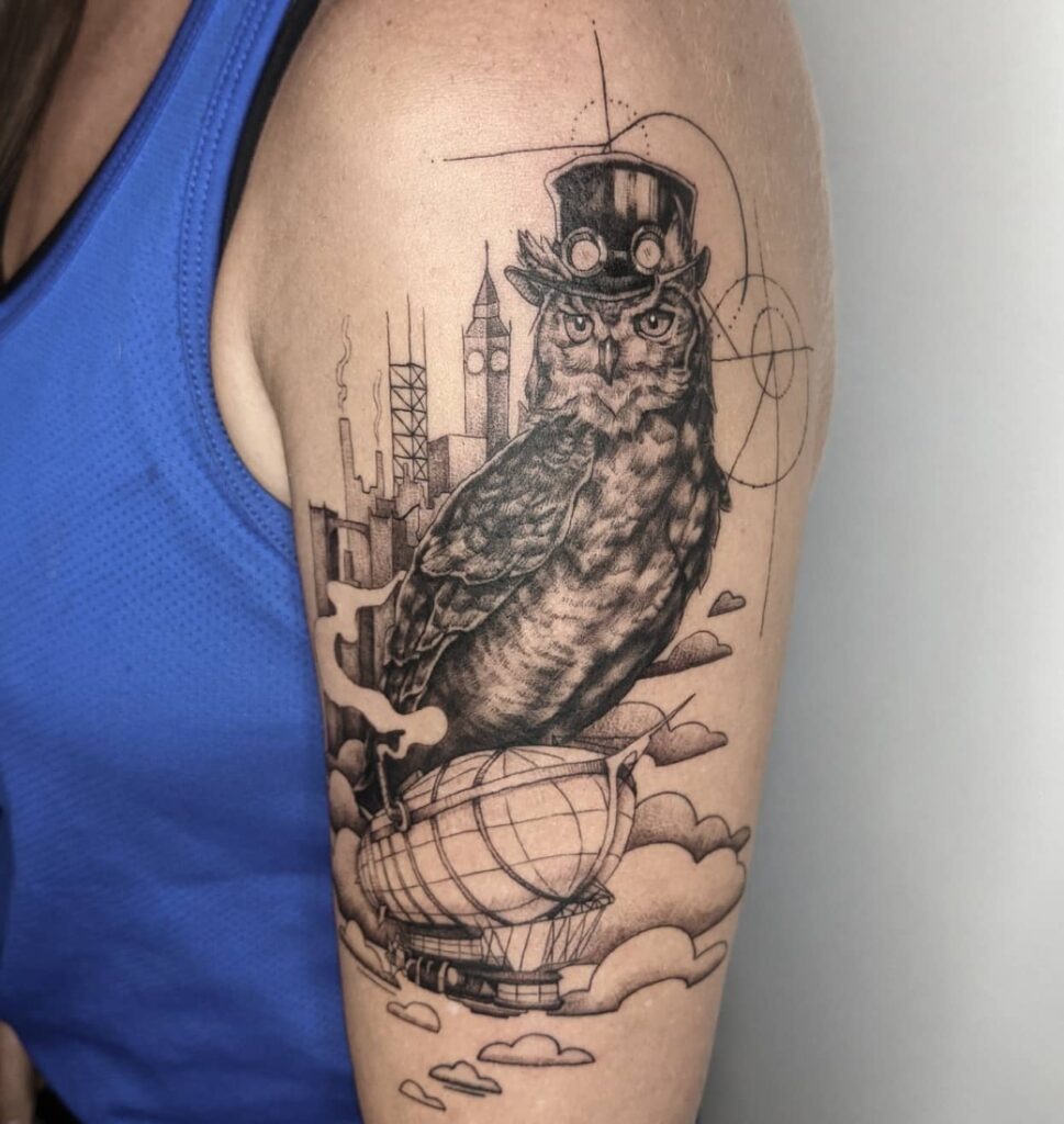 Hootie the Steampunk Owl Upper Arm Tattoo Tattoo Design