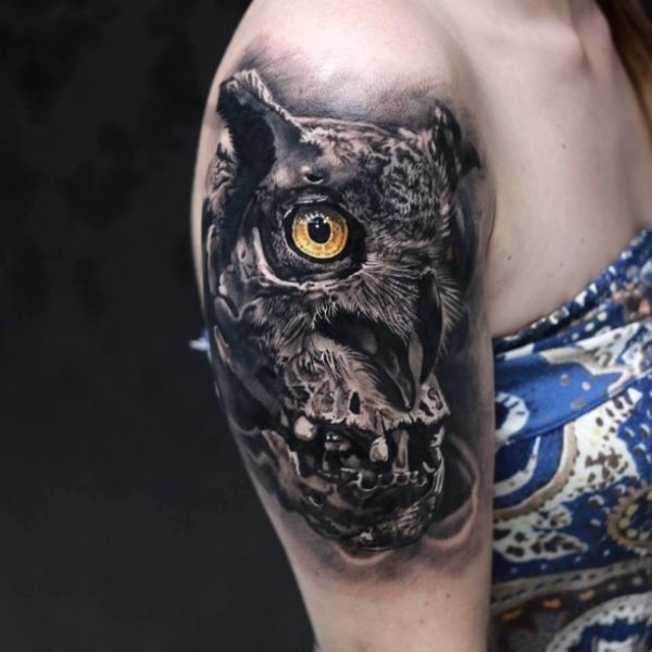 Intense Realistic Owl Upper Arm Tattoo Tattoo Design