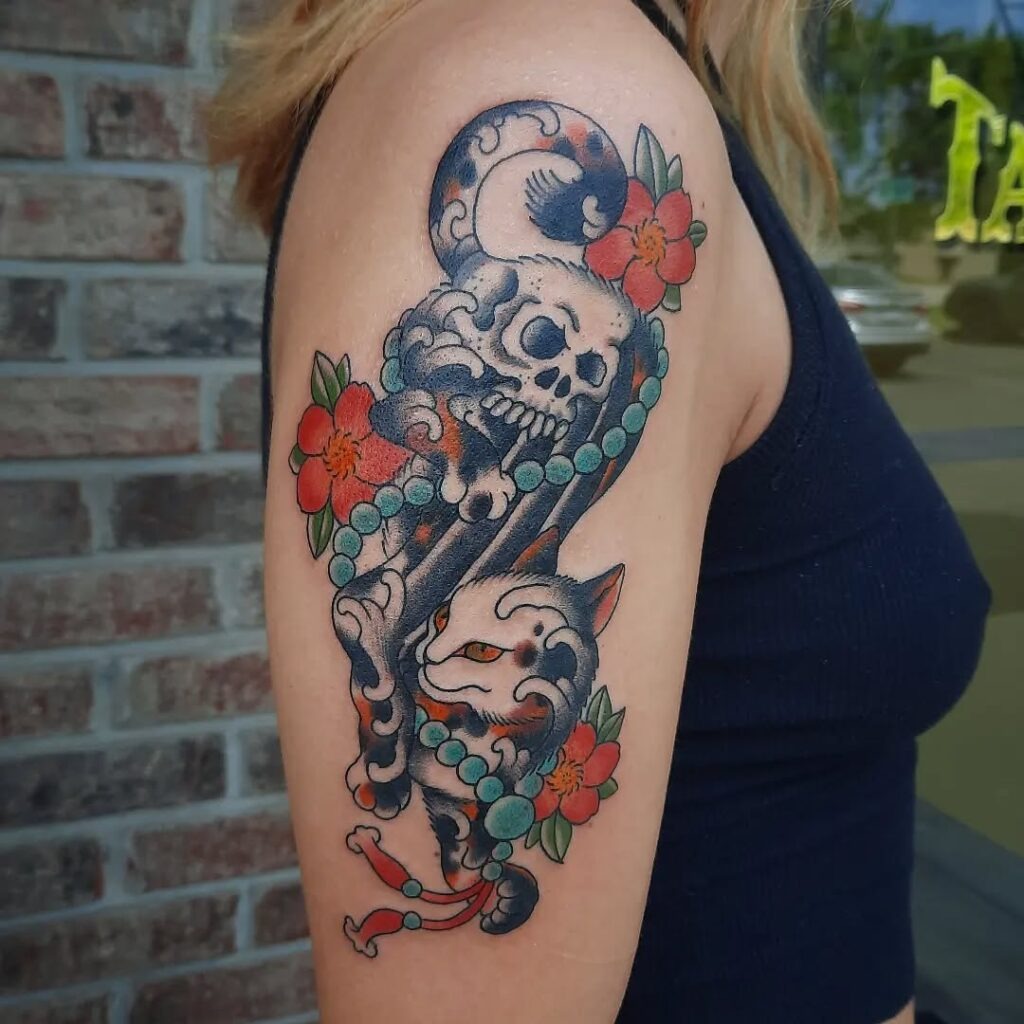 Japanese Fox and Skull Upper Arm Tattoo Tattoo Design