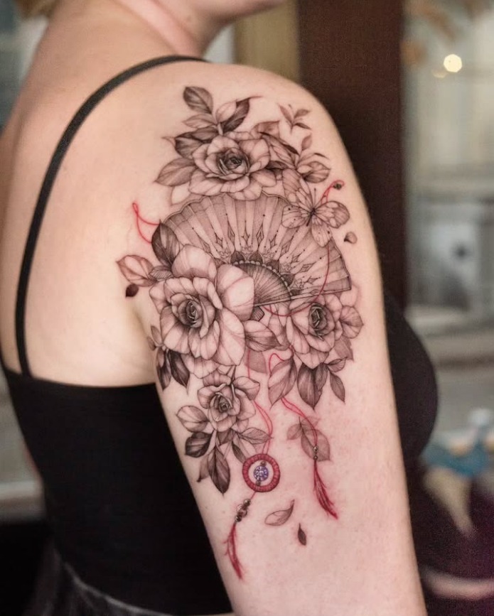 Korean Fan and Roses Upper Arm Tattoo Tattoo Design
