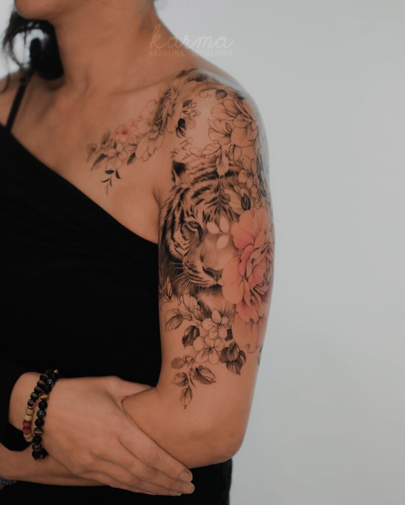 Majestic Tiger with Blossoms Upper Arm Tattoo Tattoo Design