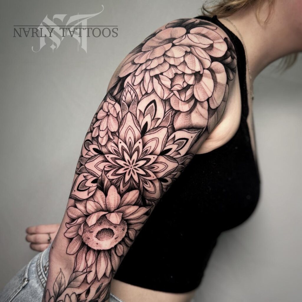 Mandala and Peony Upper Arm Sleeve Tattoo Tattoo Design