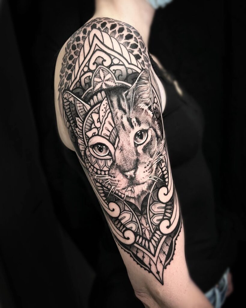 Ornamental Cat Portrait with Intricate Blackwork Tattoo Tattoo Design