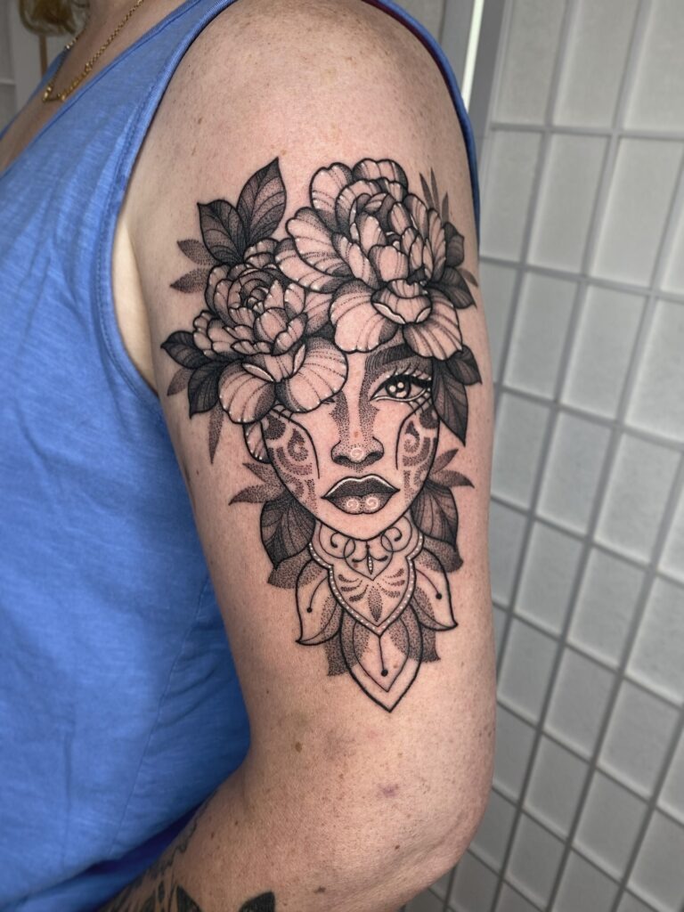 Ornamental Floral Goddess Upper Arm Tattoo Tattoo Design