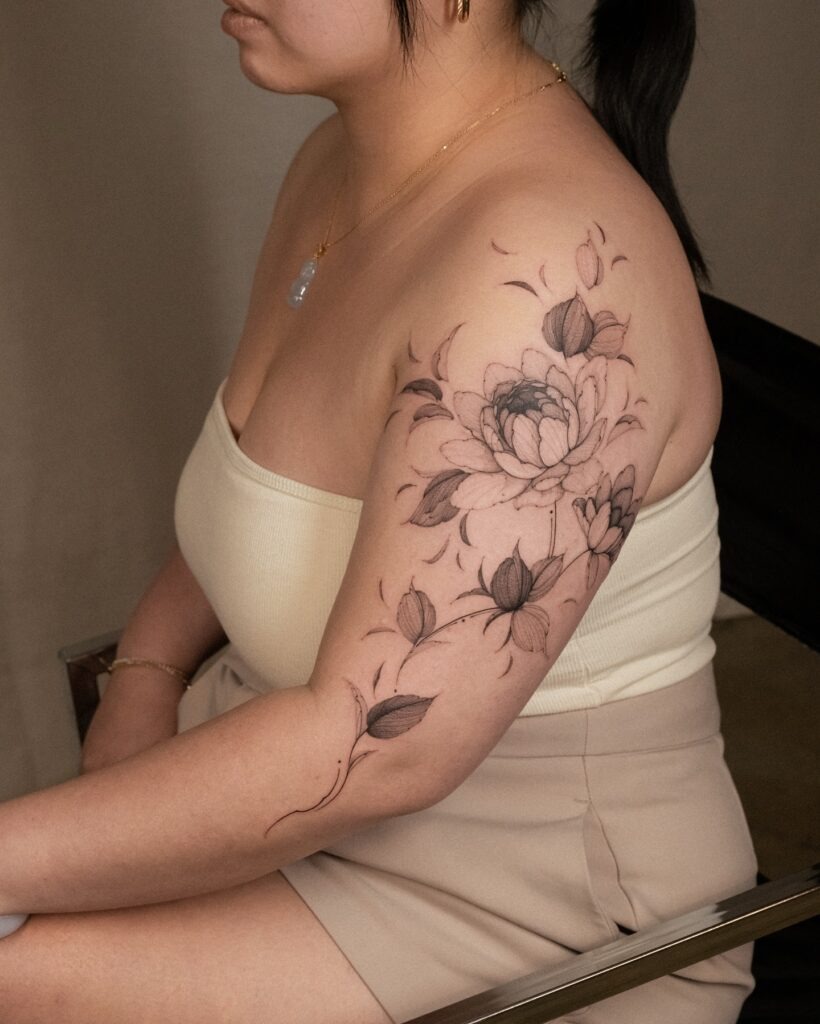 Soft Blooming Peony Upper Arm Tattoo Tattoo Design