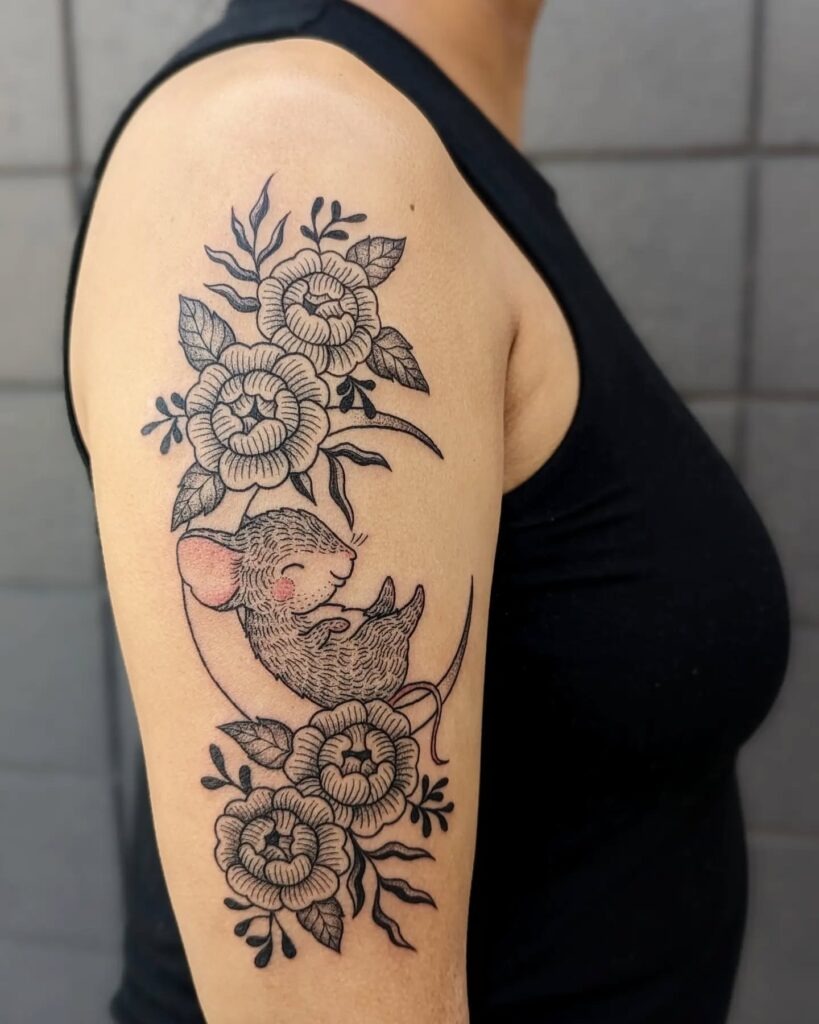 Sweet Mouse Among Roses Upper Arm Tattoo Tattoo Design