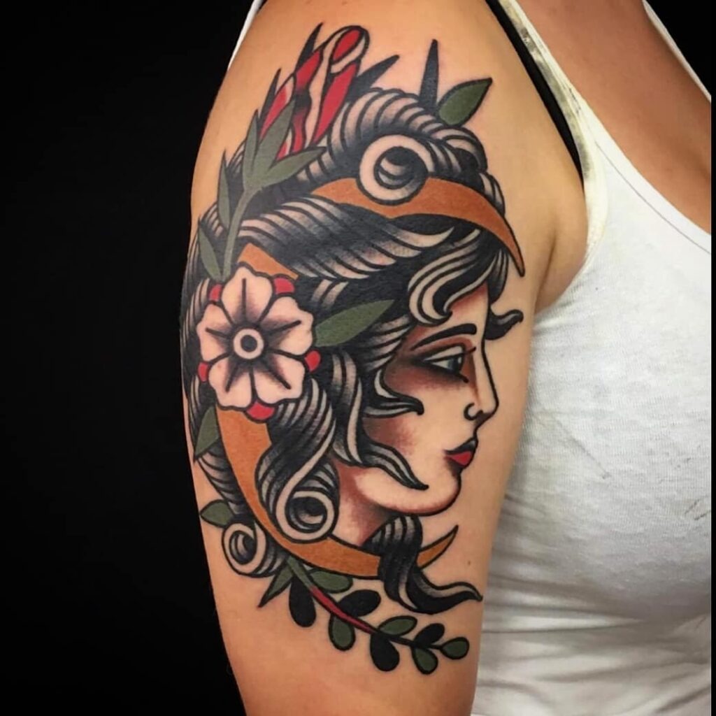 Traditional Portrait with Crescent Moon and Floral Accents Tattoo Tattoo Design