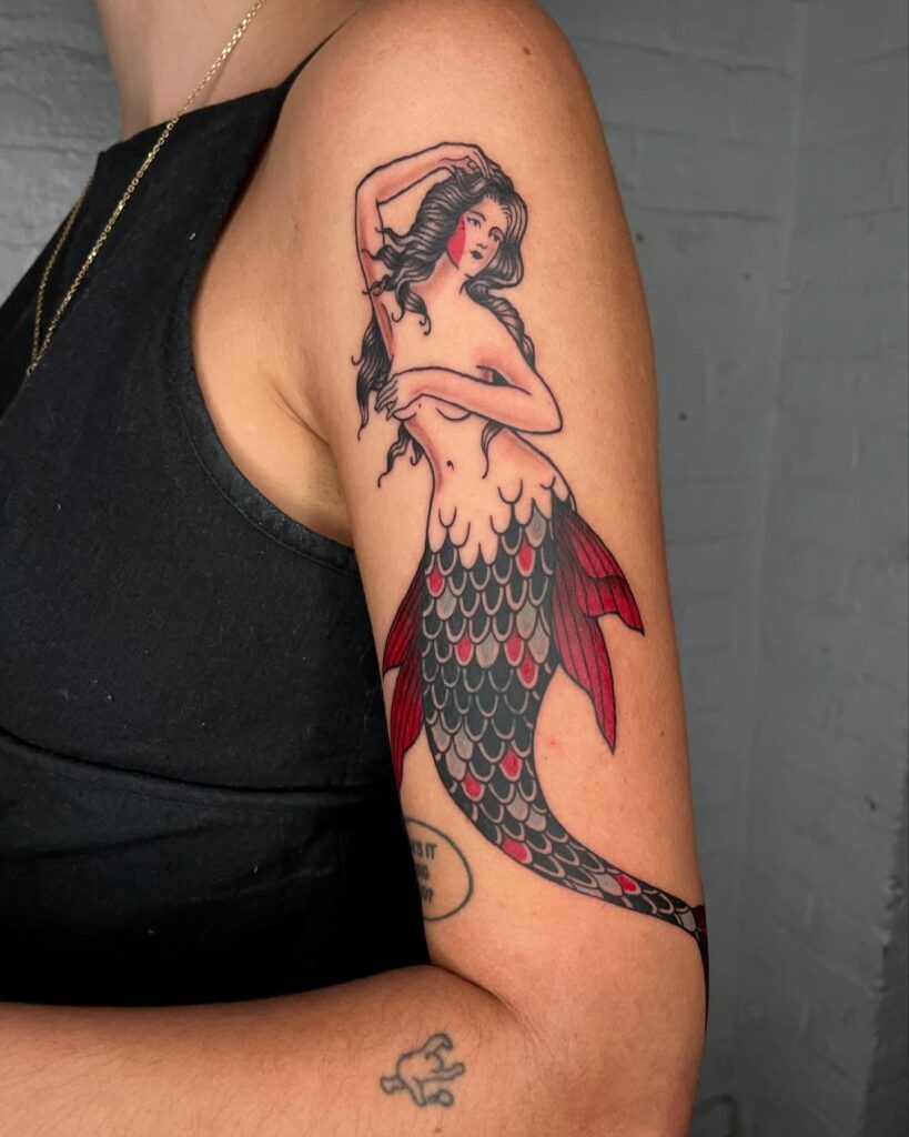 Traditional Style Mermaid Upper Arm Tattoo Tattoo Design