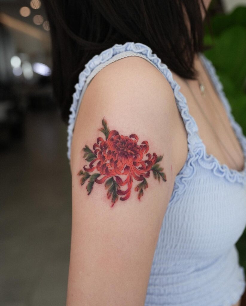 Vibrant Red Chrysanthemum Upper Arm Tattoo Tattoo Design