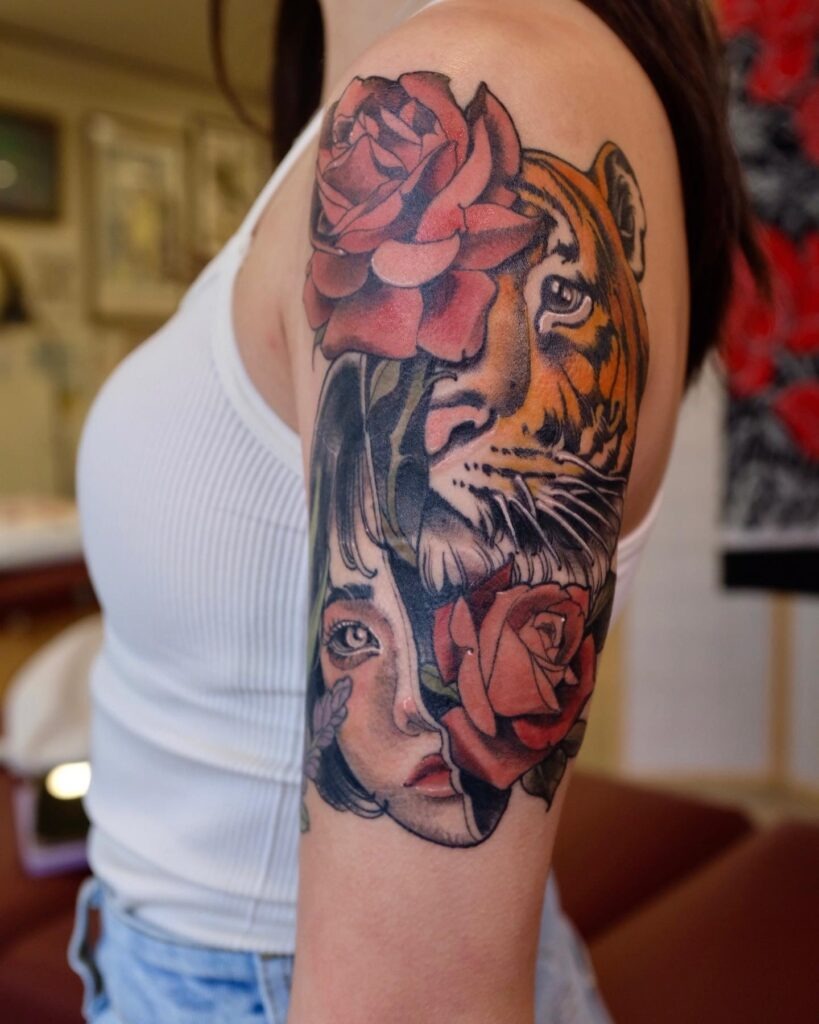 Vibrant Tiger, Roses, and Portrait Upper Arm Tattoo Tattoo Design