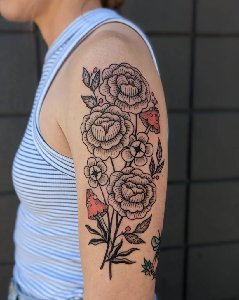 Whimsical Roses and Mushrooms Upper Arm Tattoo Tattoo Design