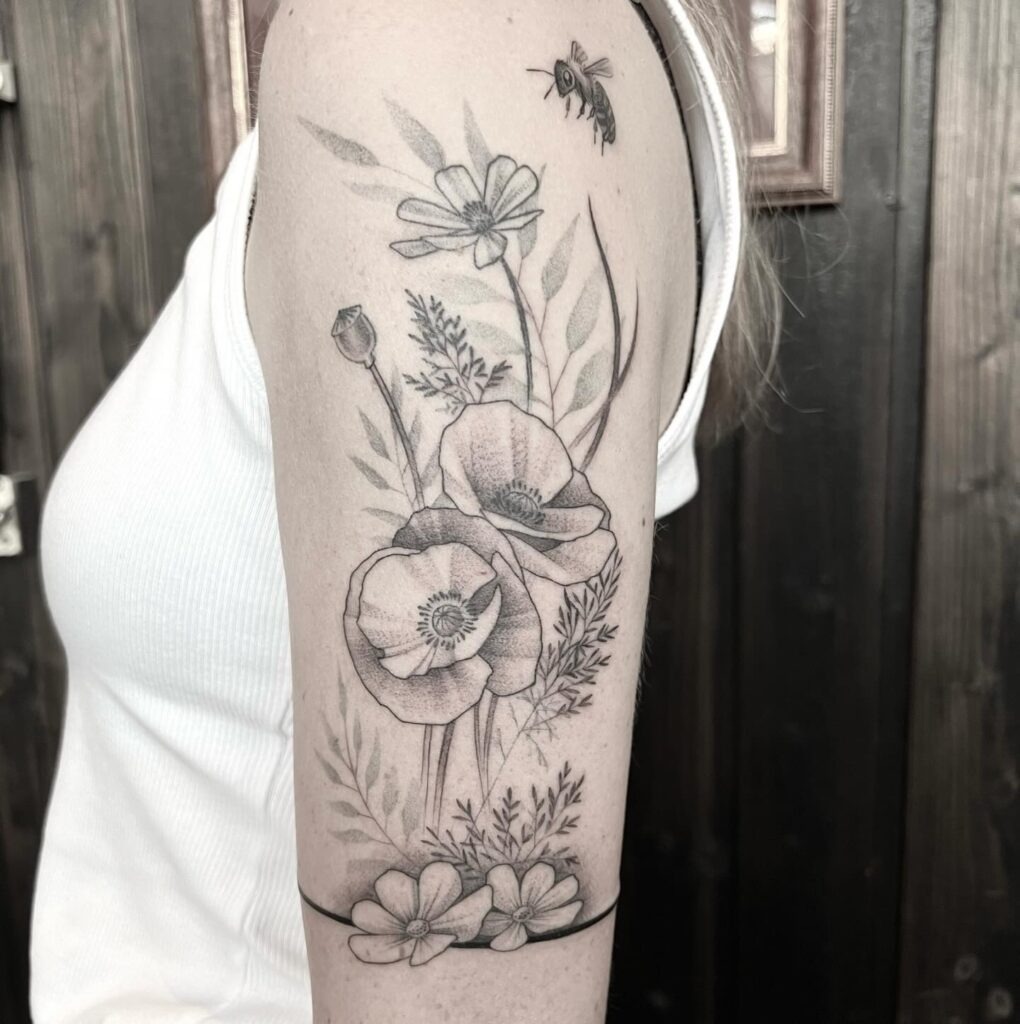 Wildflowers, Bee, and Botanical Bracelet Tattoo Tattoo Design