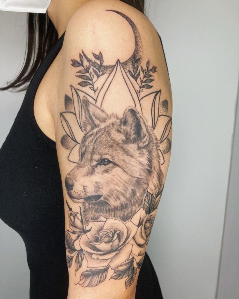 Wolf, Mandala, and Moon Upper Arm Tattoo Tattoo Design