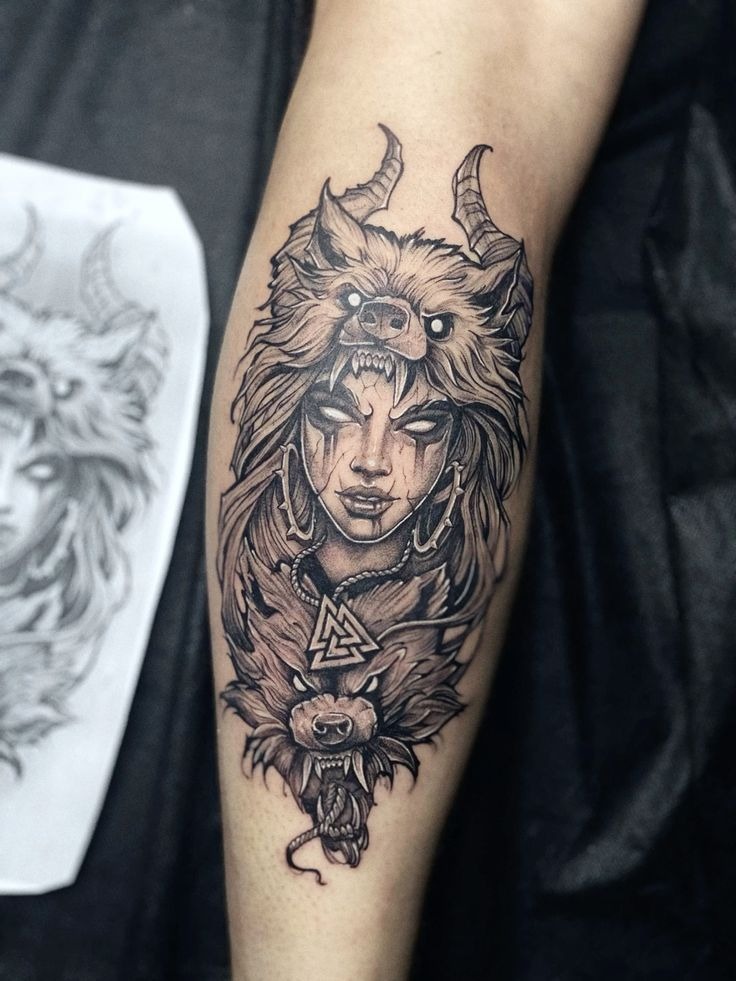 Celestial guardian with crescent moon Tattoo Design