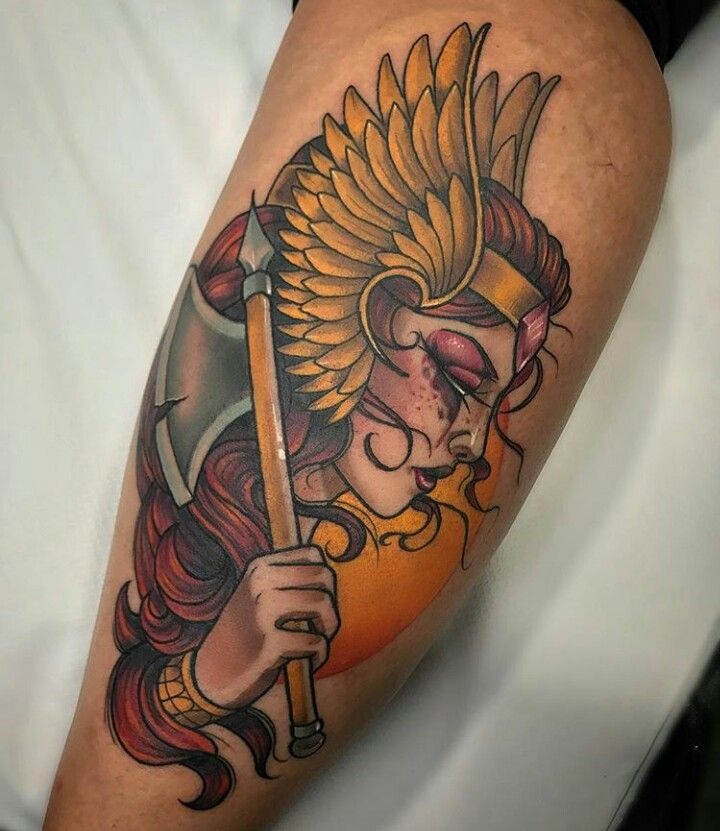 Fierce Valkyrie with wolf and symbols Tattoo Design