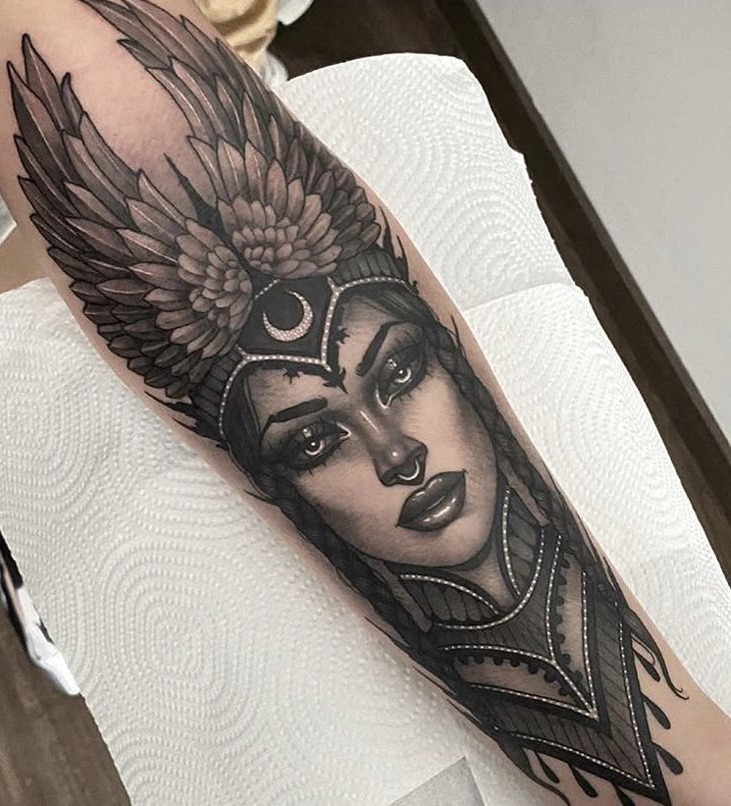 Valkyrie with two faces and nature Tattoo Design