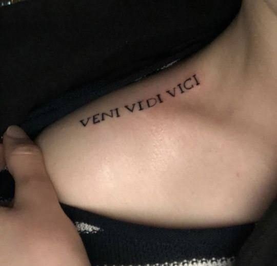 "Veni, Vidi, Vici" with Artistic Hand Details on the Arm Tattoo Design