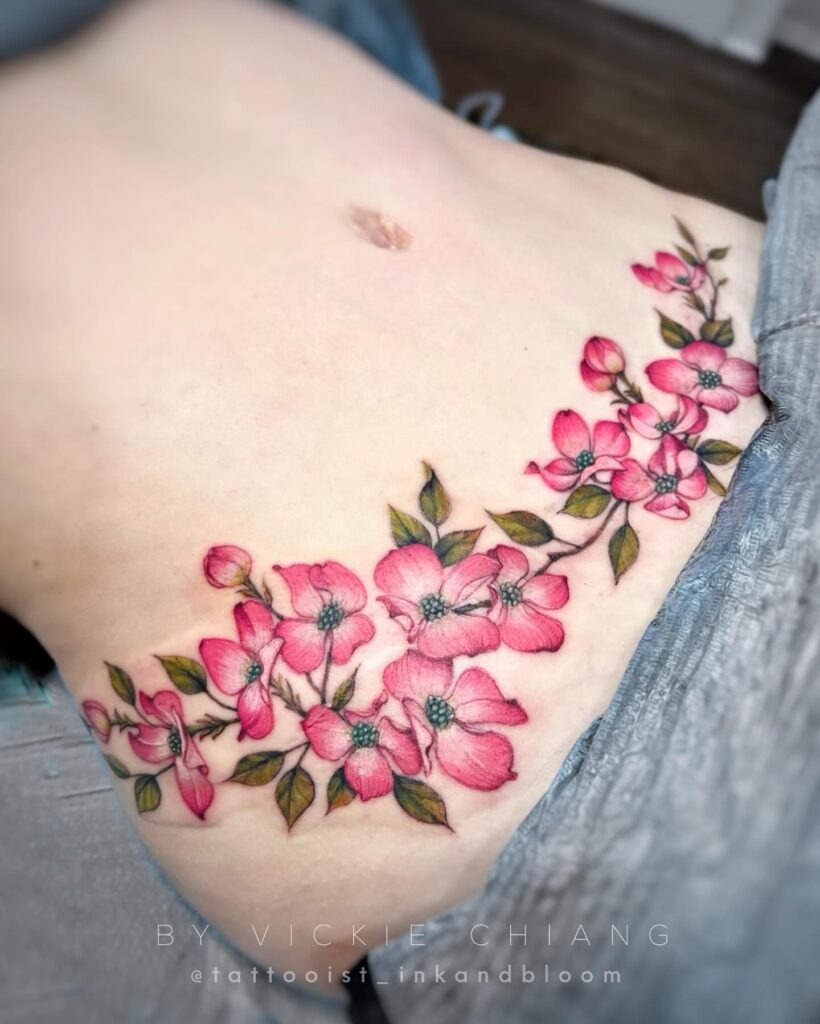 Dogwood Blossom Scar-Covering Waist Tattoo Tattoo Design