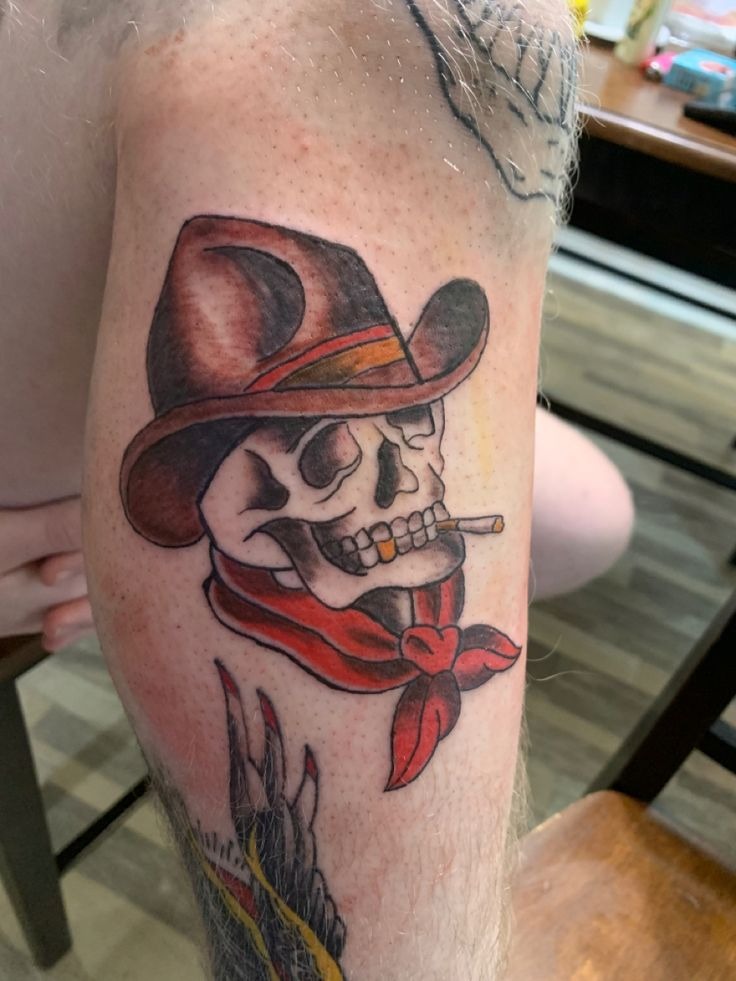 Western Skull with Cowboy Hat Tattoo Design