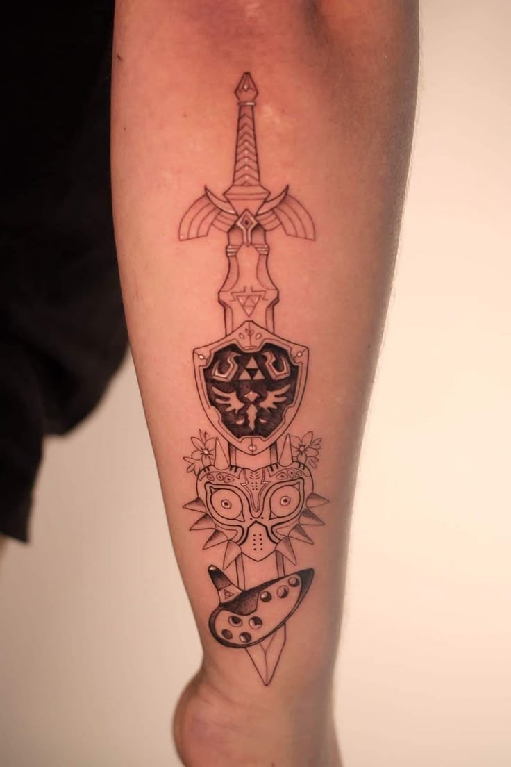 Colorful Triforce Crest with Sword Tattoo Design