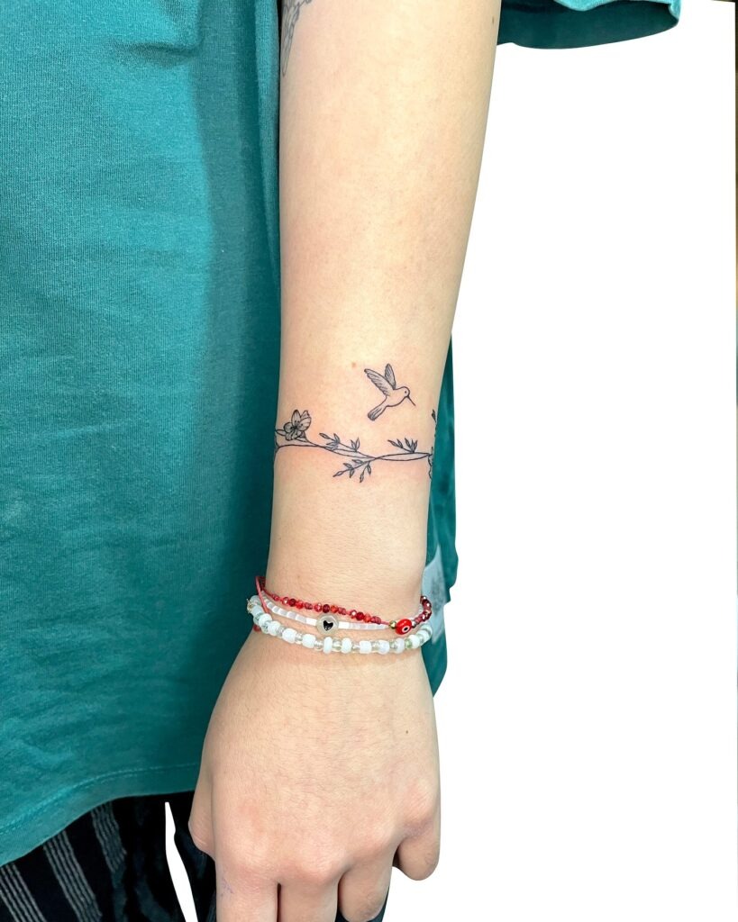 Hummingbird and Floral Vine Bracelet Tattoo Tattoo Design
