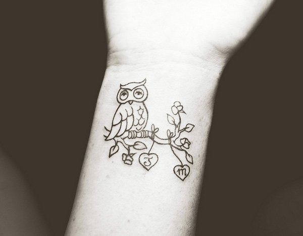 Romantic Owl on a Branch Wrist Tattoo Tattoo Design